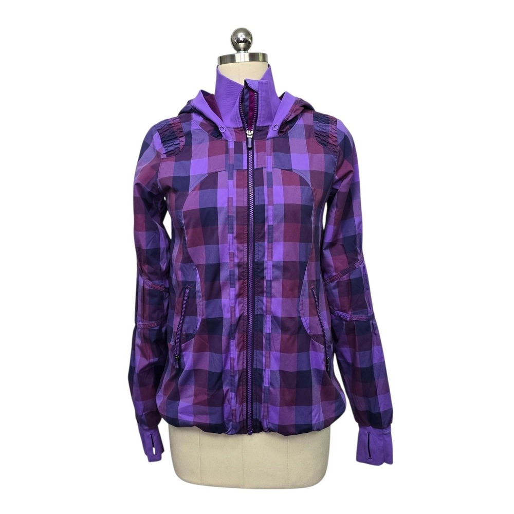 Lululemon Stride Jacket Purple Plaid Full Zip Hooded Thumbholes Womens Size‎ 4